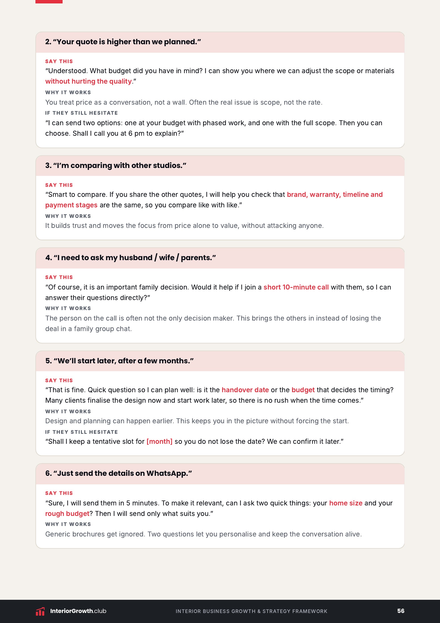 Replies to excuses page from the kit